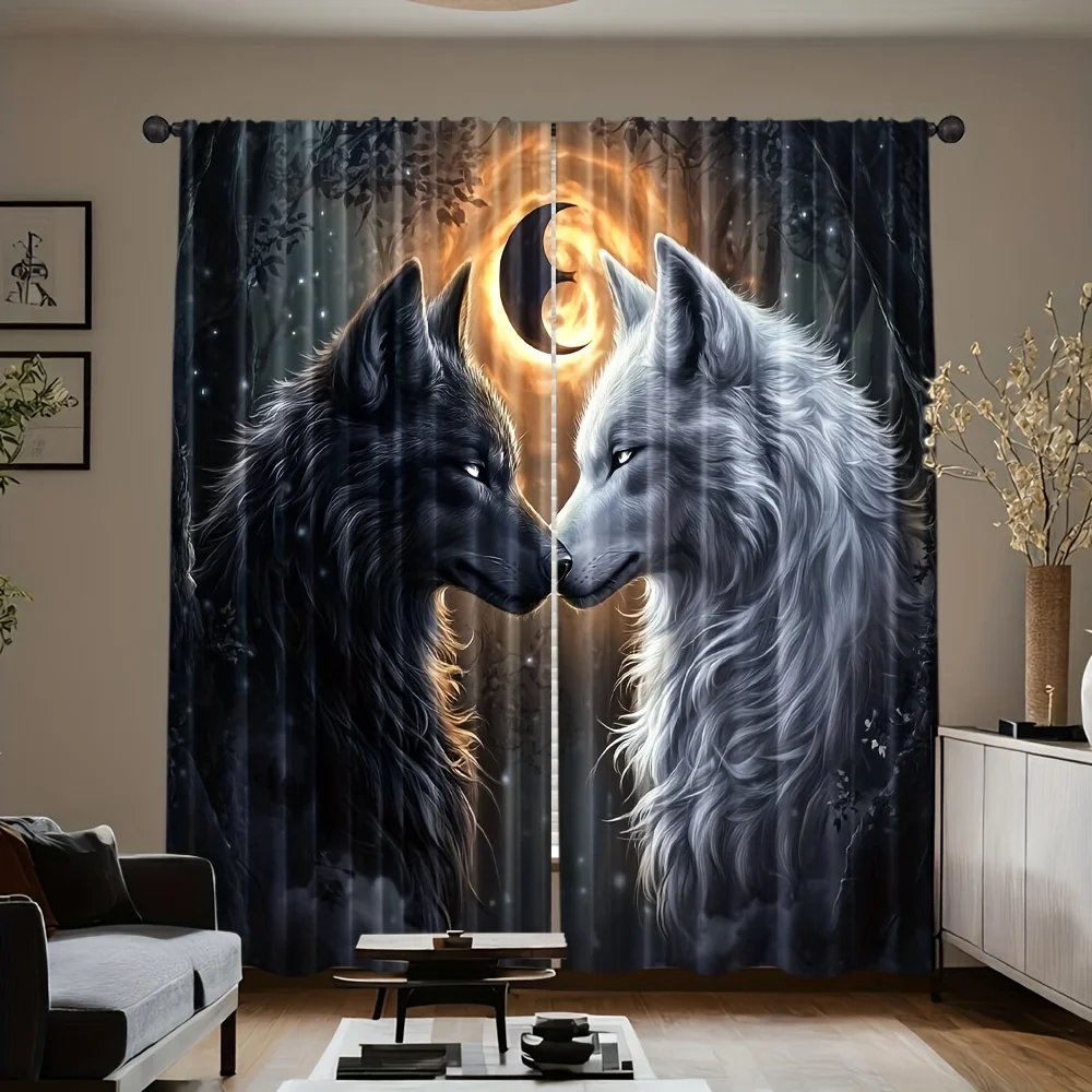2pcs Thermal Insulating Blackout Curtains - Wolf design Window Drapes with Dark Background, Light Blocking & Energy Efficient Wi
