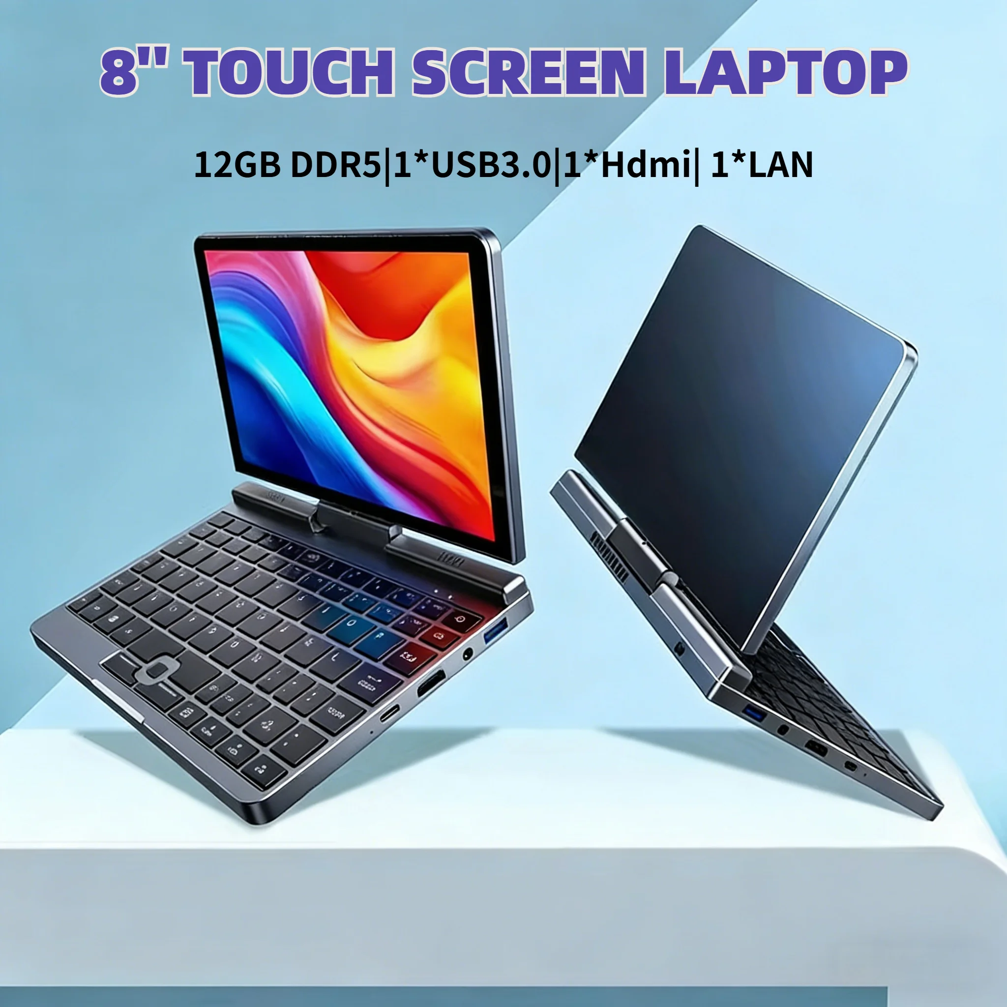 Mini ordinateur portable 8 pouces écran tactile HD, Windows 11, Intel N150 4 cœurs, 2-en-1, PC de poche, 12 Go de RAM LPDDR5, 512 Go SSD M.2