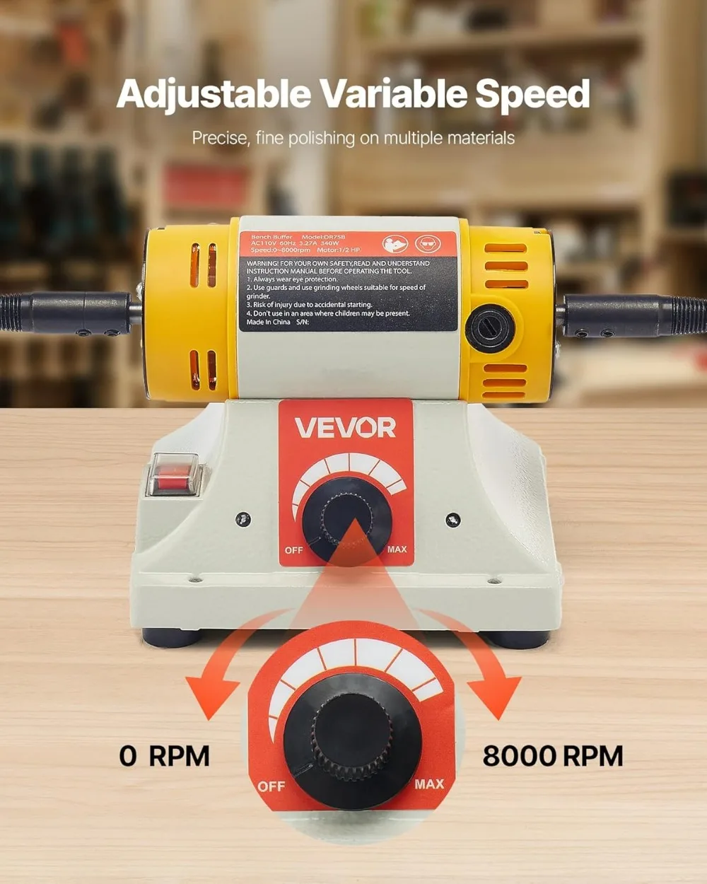 1/2HP Bench Buffer Polisher, 0-8000RPM with Cotton Wheels & Abrasive Wheels for Metal Jewelry Wood