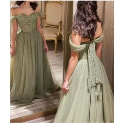 Bella Green Beaded Sequins Off the Shoulder robes de soirée Strapless Mesh Fabric Evening Dresses Floor-Length Wedding Dress