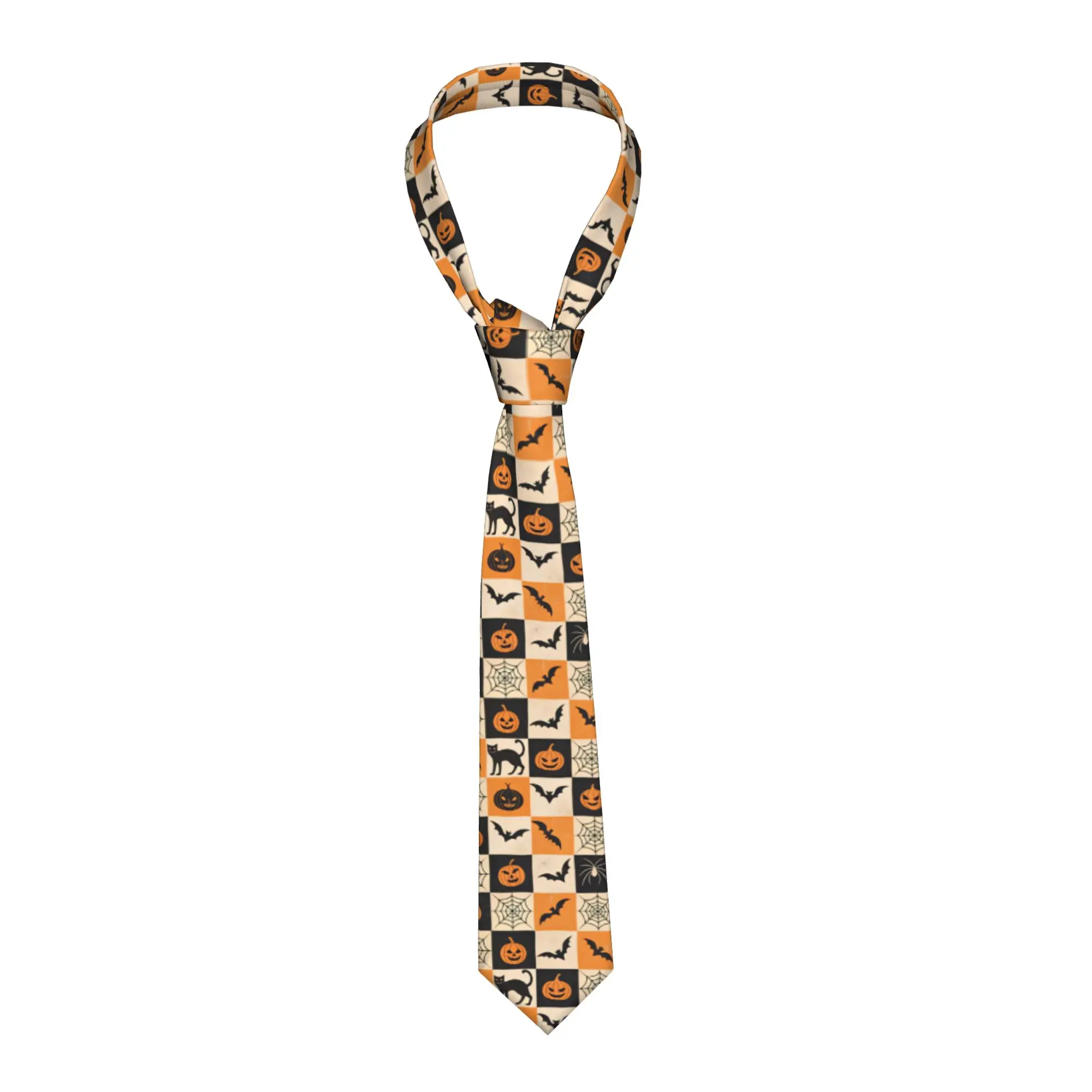 Halloween Checkerboard Bat Cat Spider Pumpkin Seamless Pattern Tie  Elegant Neck Ties For Men Cosplay Great Quality Collar Tie