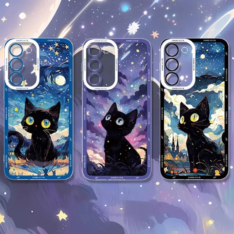 Starry Sky Black Cat Phone Case For For Samsung Galaxy S24 S23 S22 Plus Ultra Clear Cover For Galaxy S23+ S22+ S24+ Shell Fundas