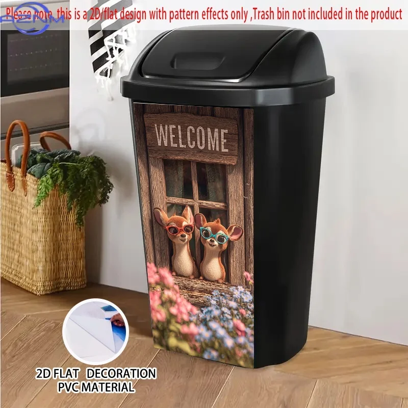 2D/FLAT Welcome Deer Self-Adhesive Dustbin Sticker, 14.57×32.28 Inches, Featuring Two Deer with Fashion Glasses Peeking from a