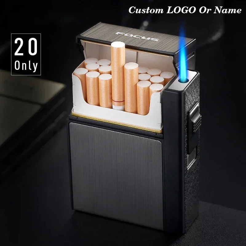 FOCUS 20 Sticks Cigarette Case Metal Lighter Turbo Butane Cigarette Capacity Gas Cigarette Lighter Gadget Lighter Box Men's Gift