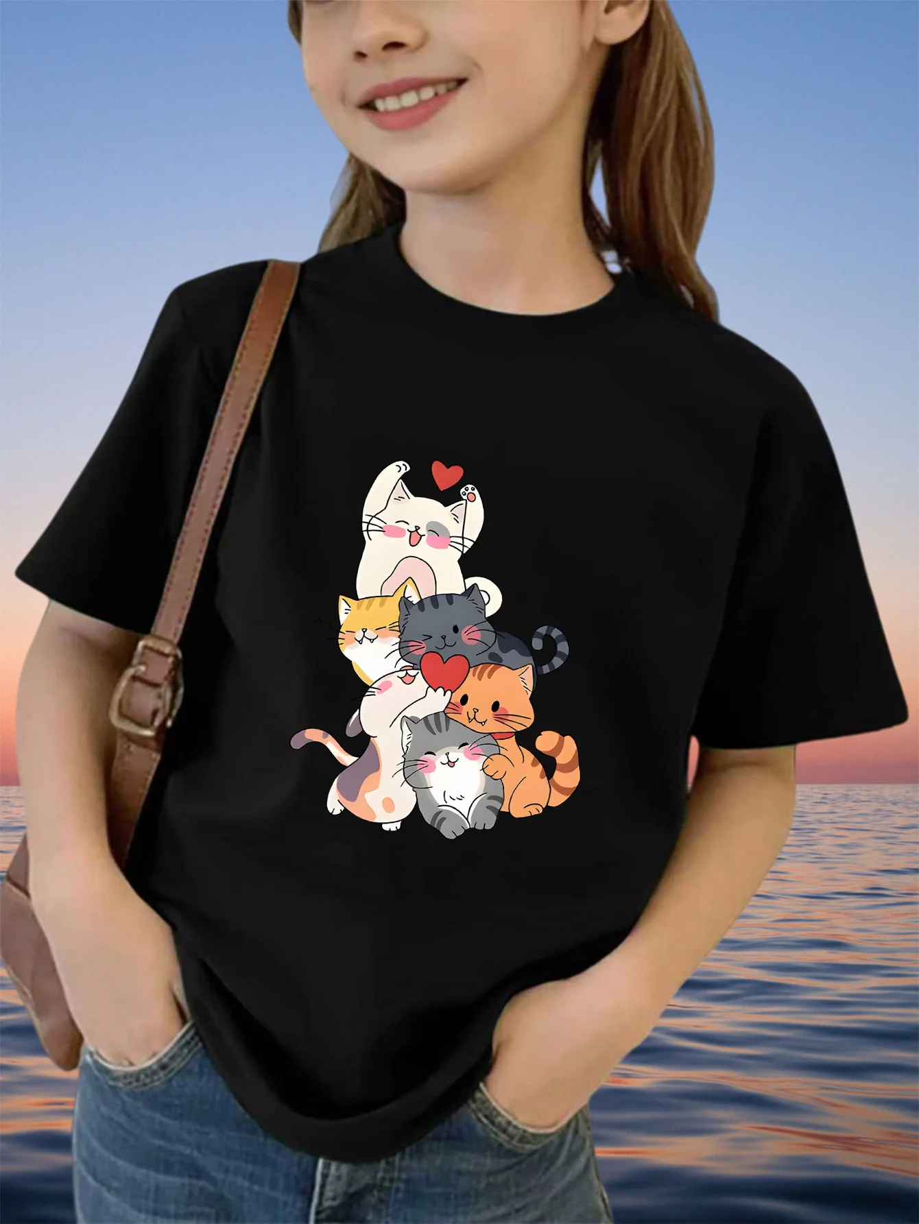 Children T Shirt Lovely Stacking Kitty Cats With Red Hearts Pet Illustration Print Short Sleeve Soft Cotton Kids Daily Outfit