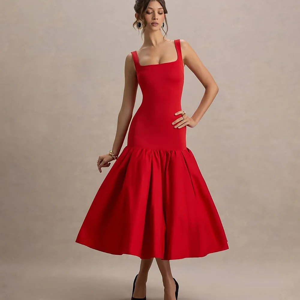 

Short Evening Dress Customized JerseySquare Neck Sleeveless A Line Tea Length Evening Gowns Backless Red Elegant Party Dresses