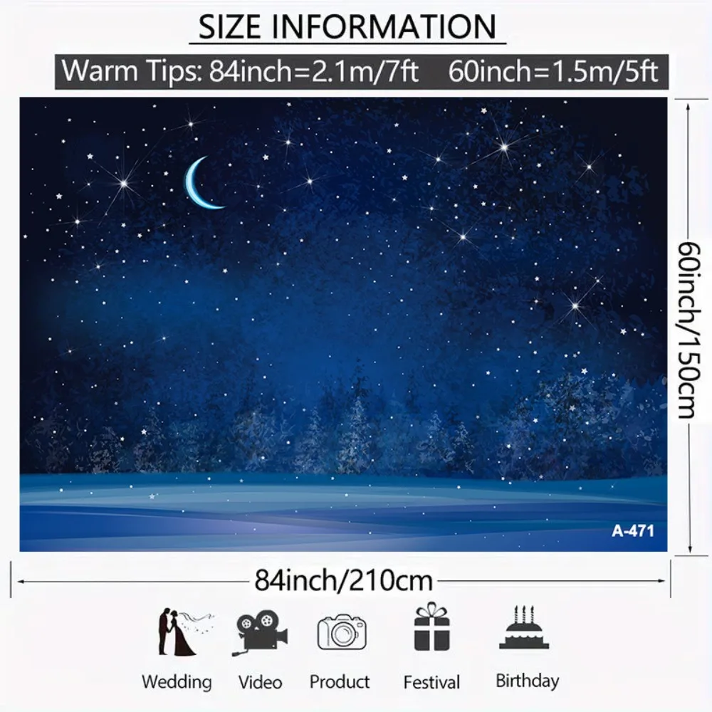 Winter Night Snowflake & Starry Sky Photography Backdrop - Christmas Party Wall Banner with Blurred Fir Trees