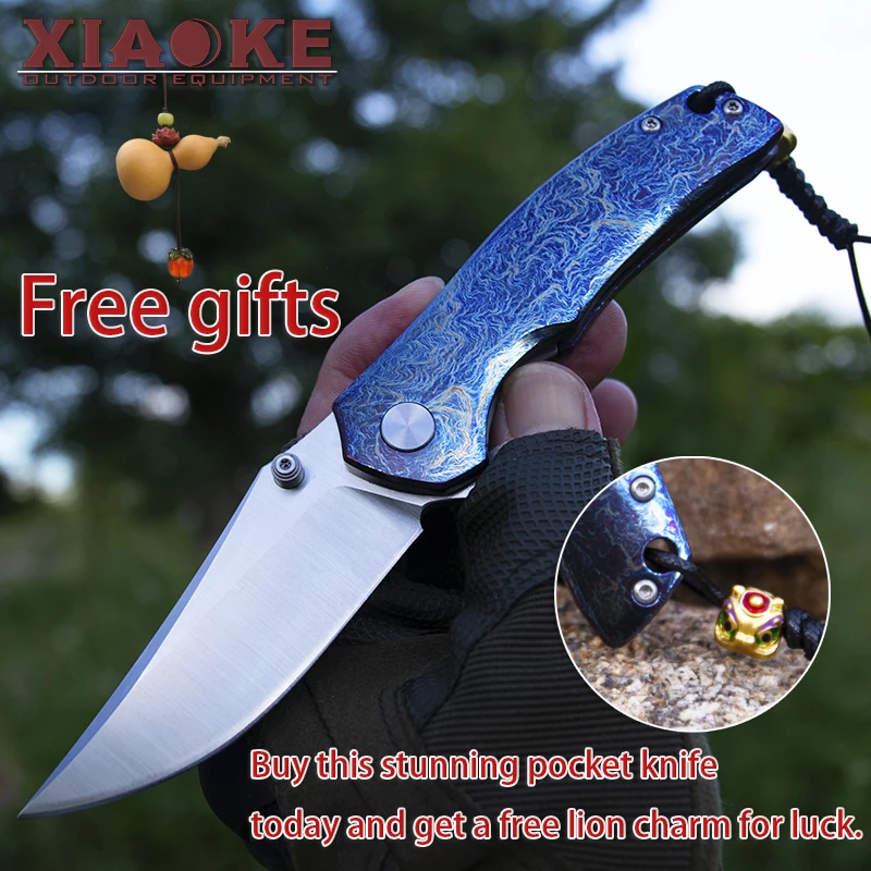 

M390 Steel Folding Knife TC4 Titanium Handle, Storm Blue Anodised Camping Hunting EDC Pocket Knife Premium Collectible Gift