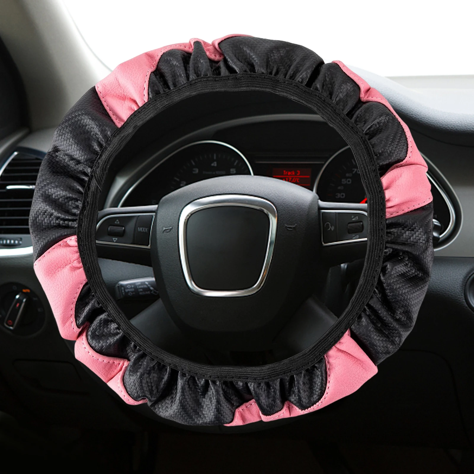 15-inch Universal Microfiber Leather Steering Wheel Cover (Black And Pink) For Men Women