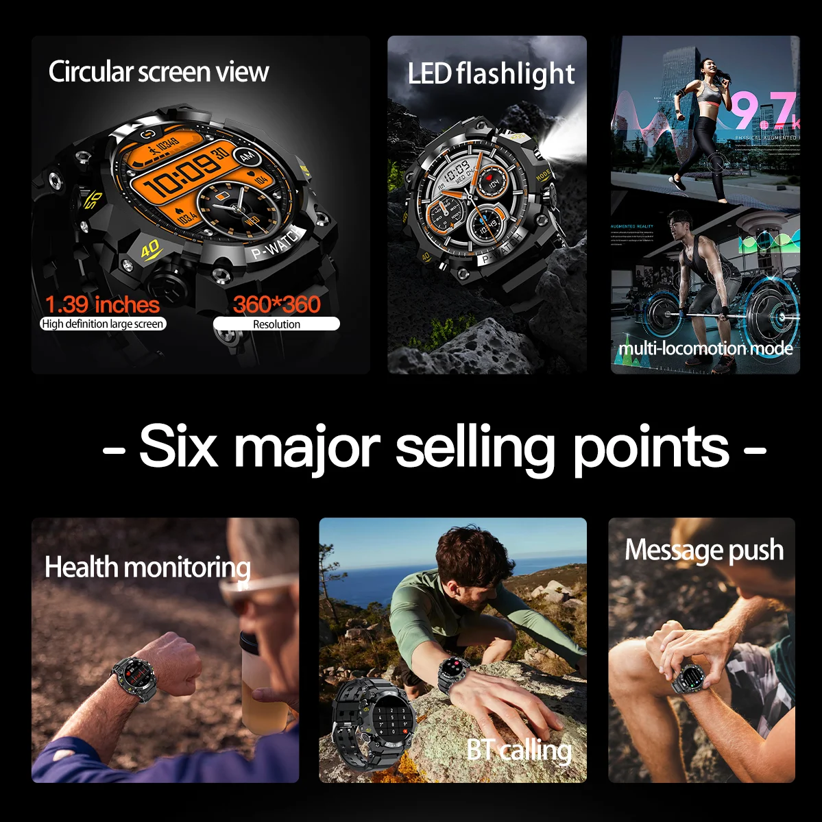 Zaklamp Buitensporten Slimme horloges Heren Kompas Blue Tooth Call Smartwatch Waterdicht Slaap Gezondheidsmonitoring Bericht Push