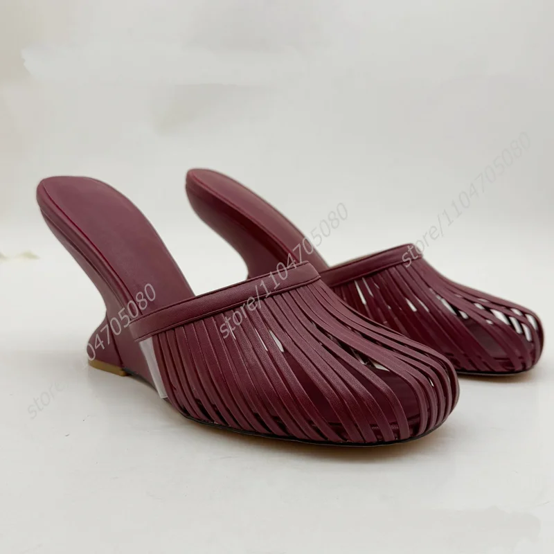 

Dark Wine Red Hollow Round Mesh Wedge Slippers Women Simple Open Heels Summer Mules Shallow White Leather Slip On Ruffle Shoes
