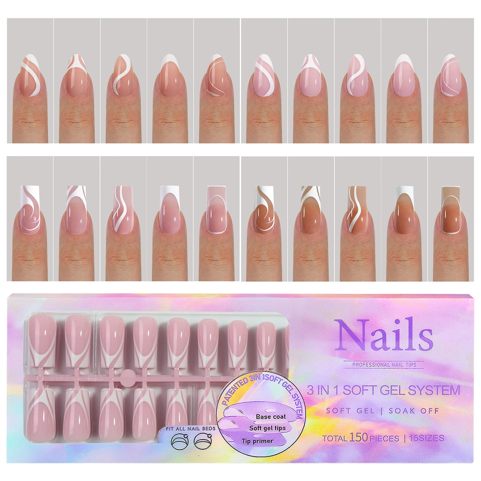 150Pcs/Set French Ballet Press on Nails Full Cover Reusable Seamless Fake Tips Extension Oval Capsule Almond DIY Accessories