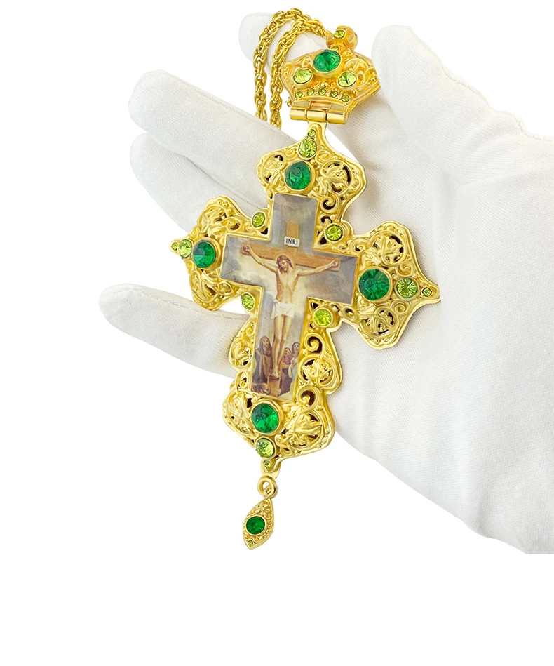 Vintage vergoldetes orthodoxes Brustkreuz mit bunten Edelsteinen und Jesus-Ikone aus Emaille für Geistliche, Kirchenliturgie, christlichen Glauben – Detail 3