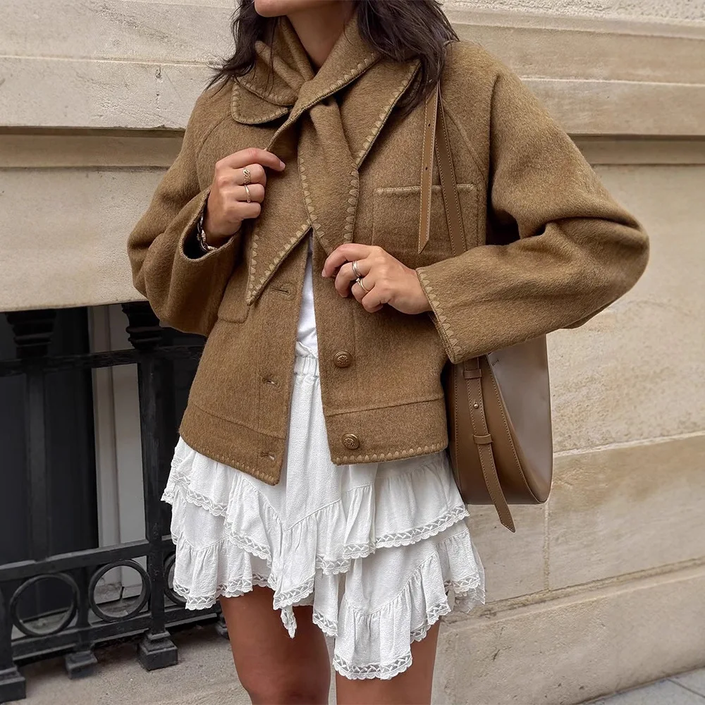 Khaki Scarf Collar Short Jacket Stitch Edge Single Breasted Pocket Raglan Long Sleeve Women Vintage Loose Outerwear 260701