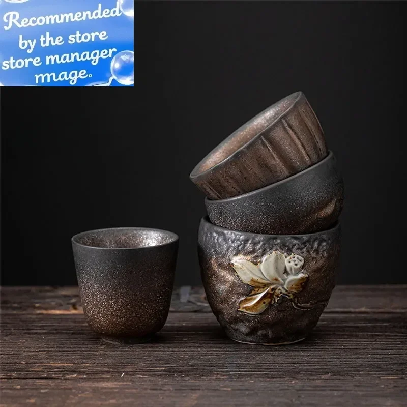 

1PCS Japanese style gold-plated hand carved ceramic tea cup retro iron glazed tea cup Zen Master Cup ceramic tea set accessories