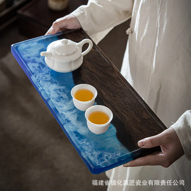 Black Ebony Wood and Blue Resin River Tea Tray, Dry-Wet Dual Use Tea Board with Mountain Landscape Design