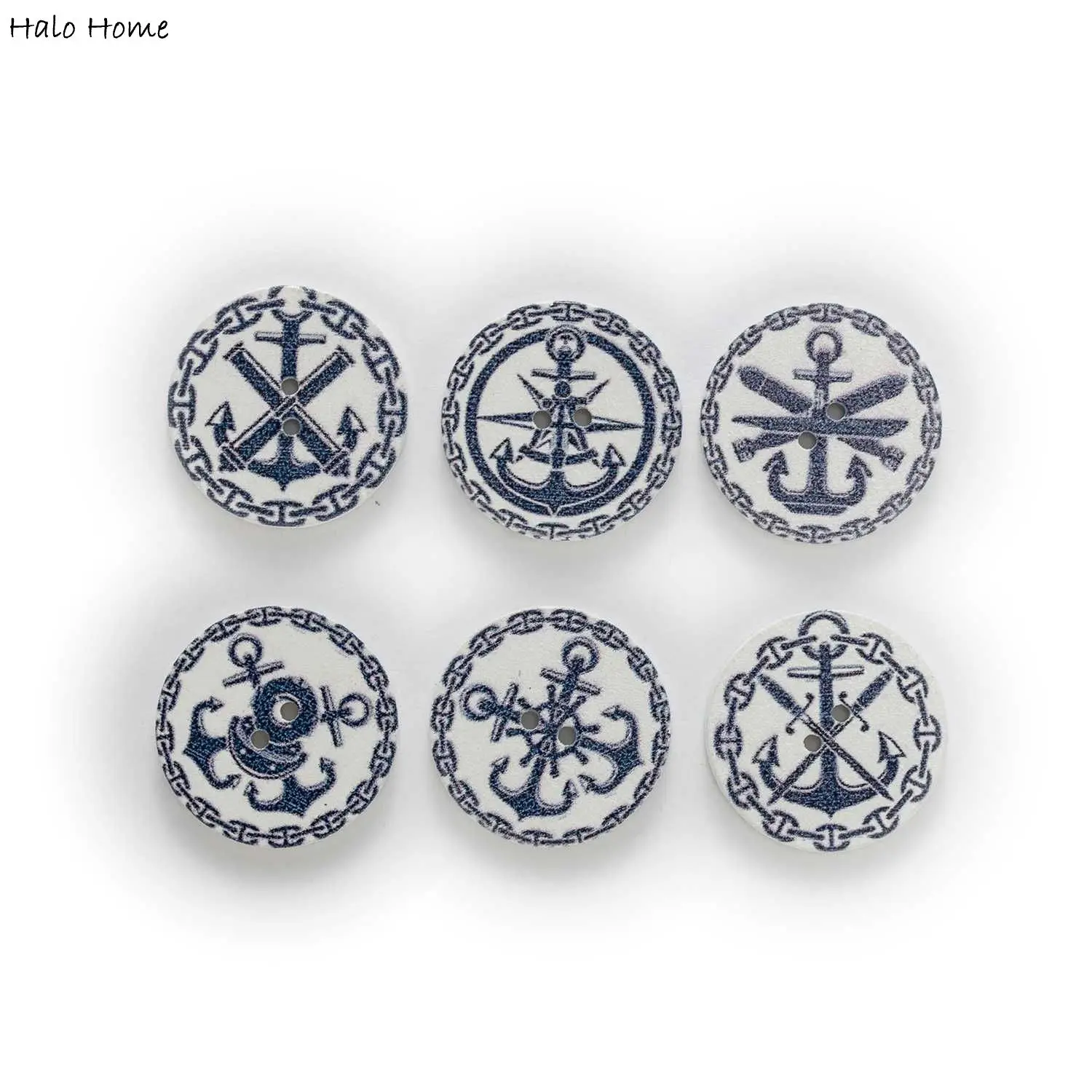 50pcs Round Anchor Theme Print White Wooden Buttons Handwork Sewing Scrapbooking Clothing Crafts Accessories Gift Card 15-25mm