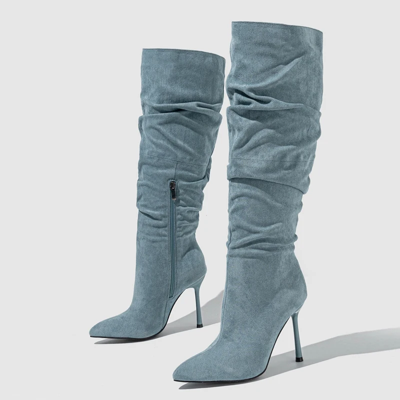 Liyke Autumn Winter Pleated Denim Knee High Boots Women Sexy Pointed Toe Zip Motorcycle Long Shoes Thin Heels Booties Size 35-42