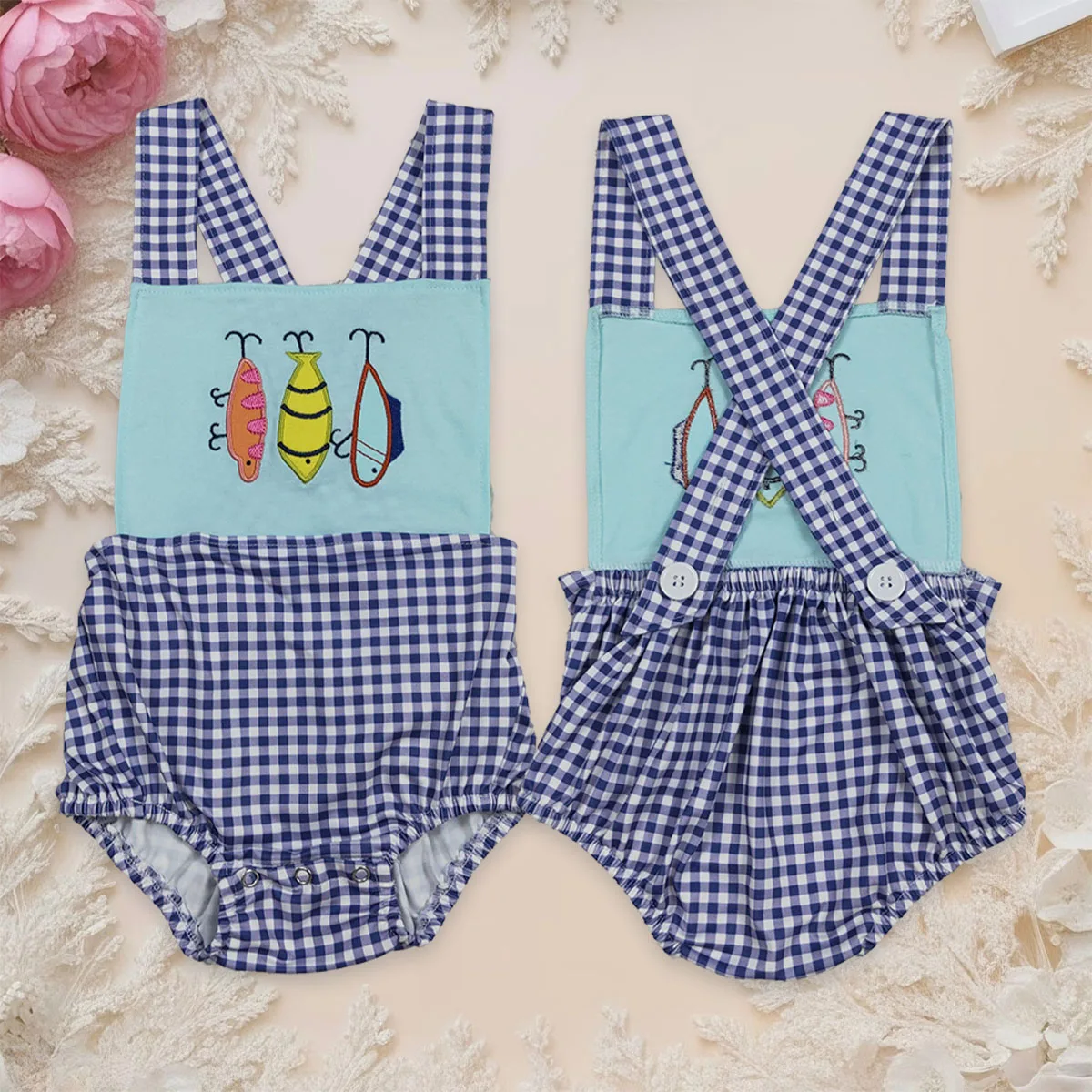 

Newborn Baby Boy Short Sleeves Strap Bubbles Kids Embroidery Fishing Toddler Hunting Buttons Romper Jumpsuit Onesies Wholesale