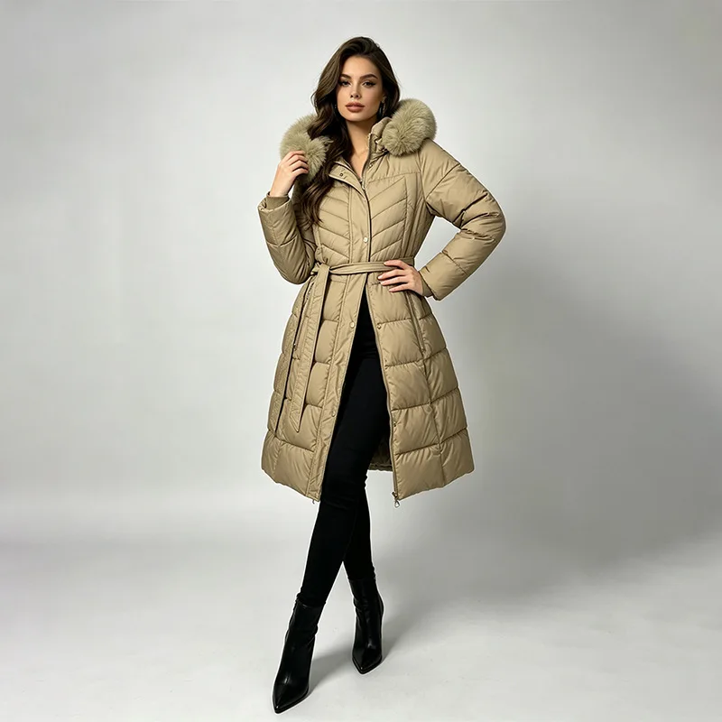 2026 high-end big fur collar hooded cotton clothes women's medium and long cotton clothes thickened waist warm jacket