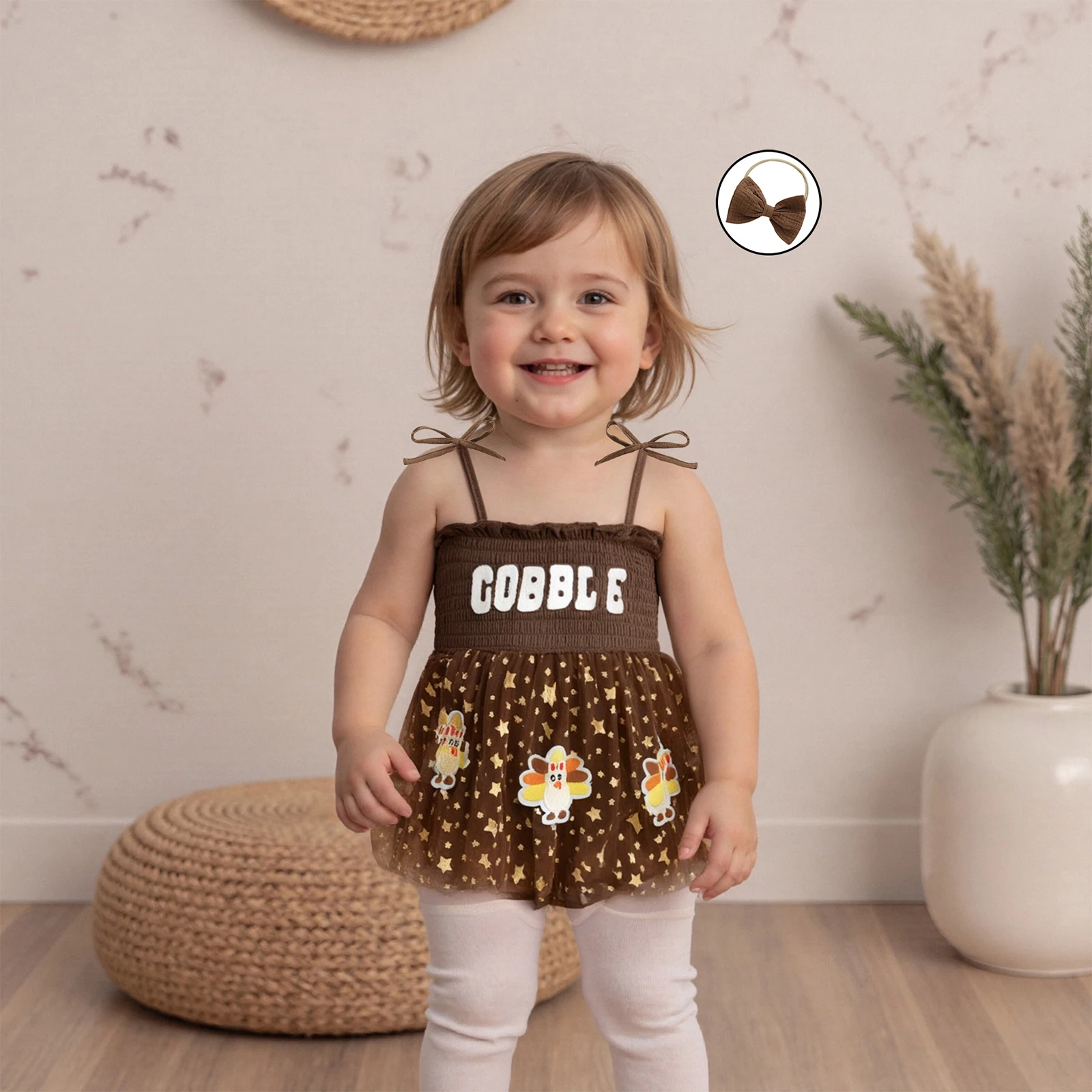 

Baby Clothing Girl Thanksgiving Outfit Tie-up Strap Star Print Romper Dress Bow Headband Set