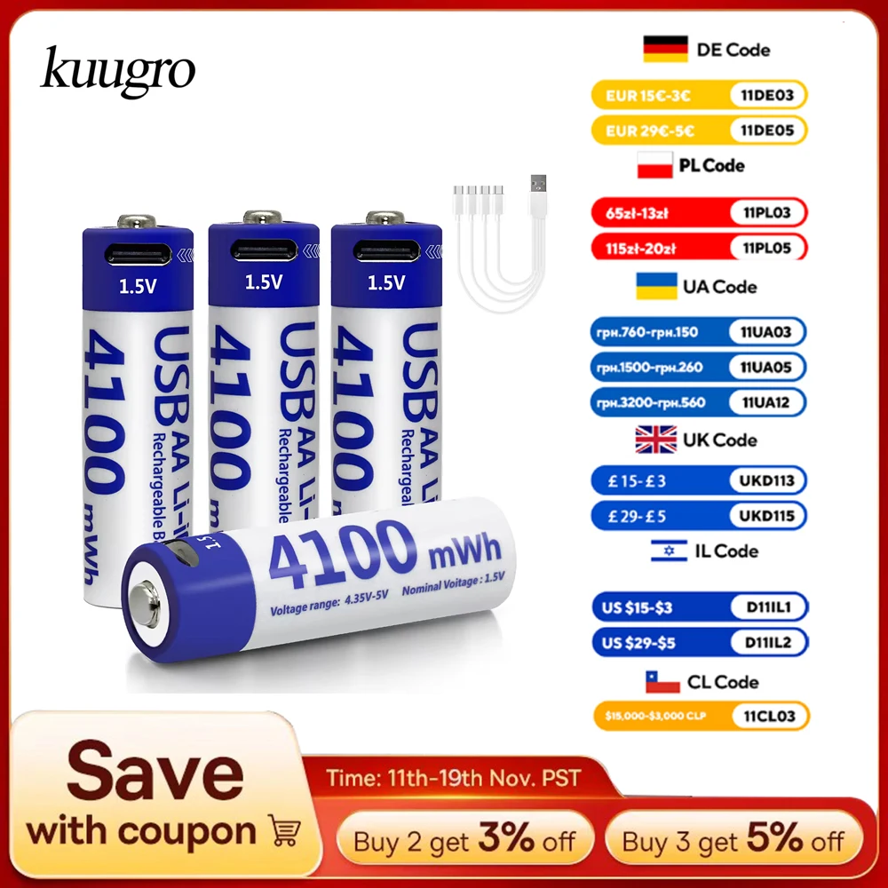 

Kuugro Highest Capacity 1.5V 4100mWh AA Rechargeable Battery USB Type-C aa Li-ion Battery for Remote Control Smart Door Lock Toy