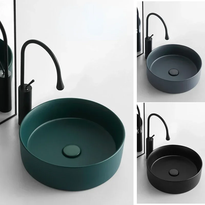

Nordic Dark Green Table Basin Black round Small Size Mini Balcony Ceramic Wash Single