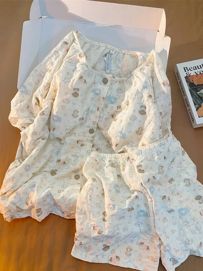 

2026 New Sweet round Neck Sleepwear Women's Short Sleeve Home Clothes Set with Chest Pad Cute Doggie Print Cloud Cotton Pajamas