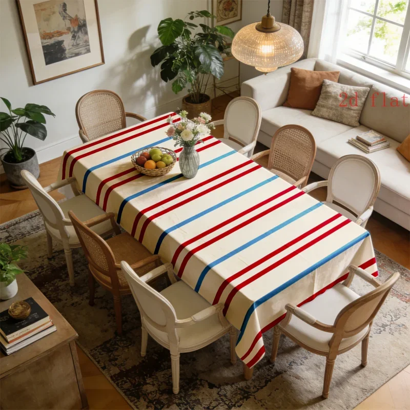 2D planar single-piece tablecloth, with red and blue vertical stripes, in a retro and minimalist style. yzb