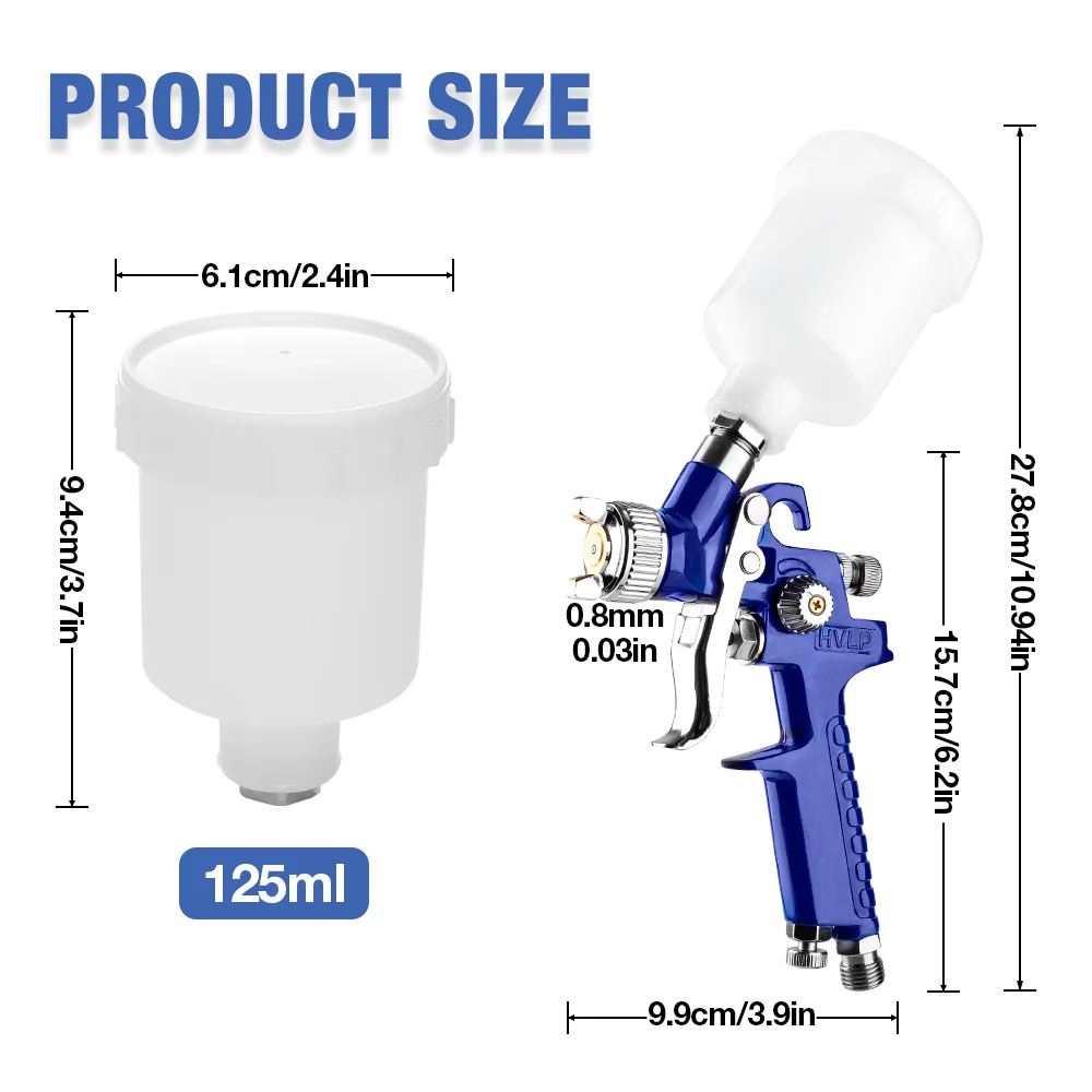 Pistolet à peinture HVLP 0,8 mm, pistolet à peinture pneumatique 125 ml, pulvérisateur de peinture domestique portable pour la peinture de voitures et de meubles, outil pneumatique professionnel