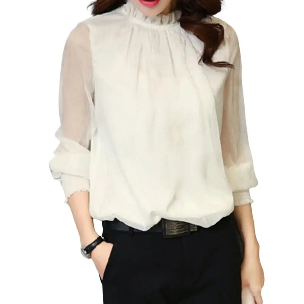 

Women Chiffon Shirt Net Mesh Sleeve Elastic Cuffs Shirt Elegant Ruffle Collar shirts and blouses блузка женская