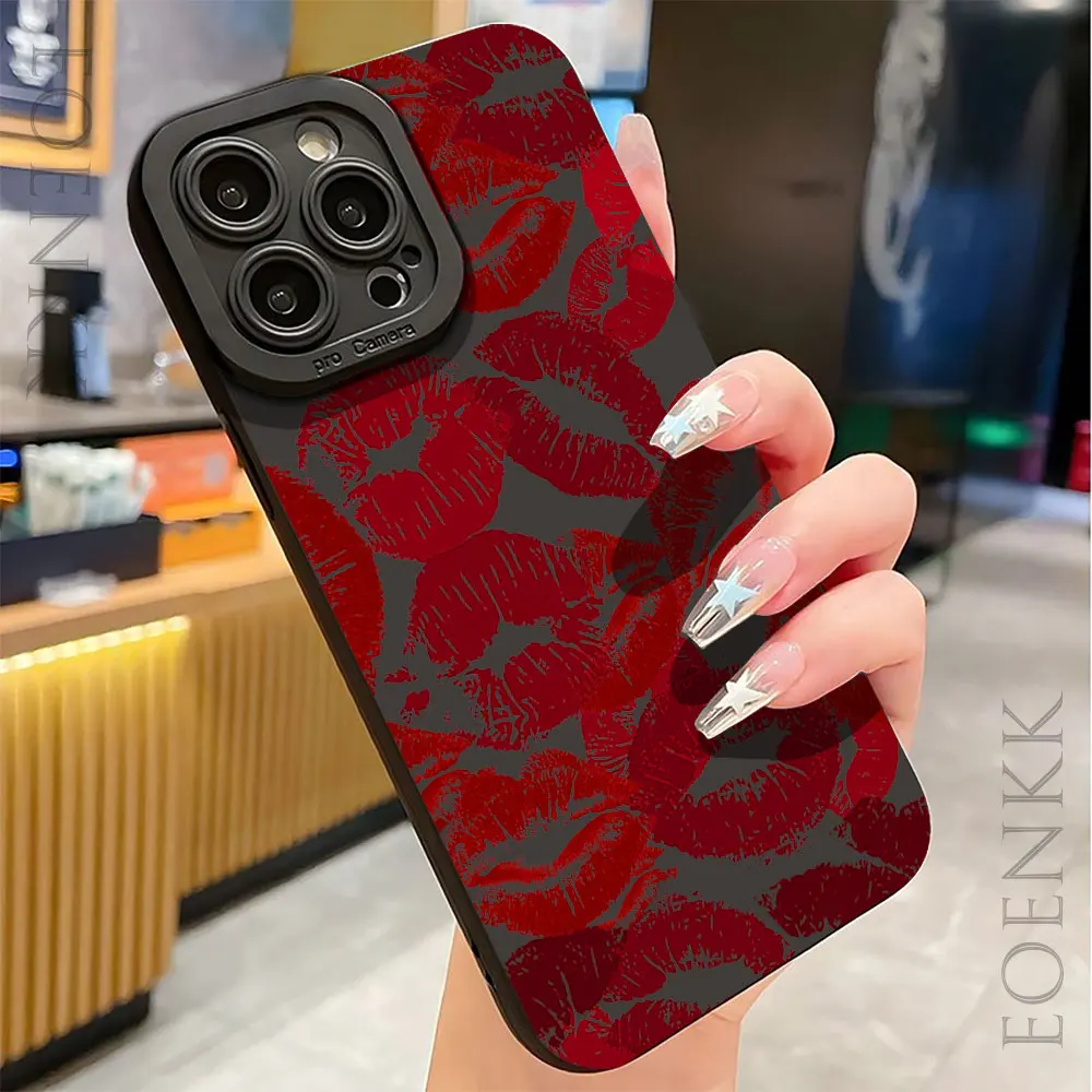 Sexy lábios vermelhos caso de telefone para iphone 15 14 13 12 11 pro max x xr 7 8 14 15 plus 13 mini à prova de choque fosco silicone capa macia