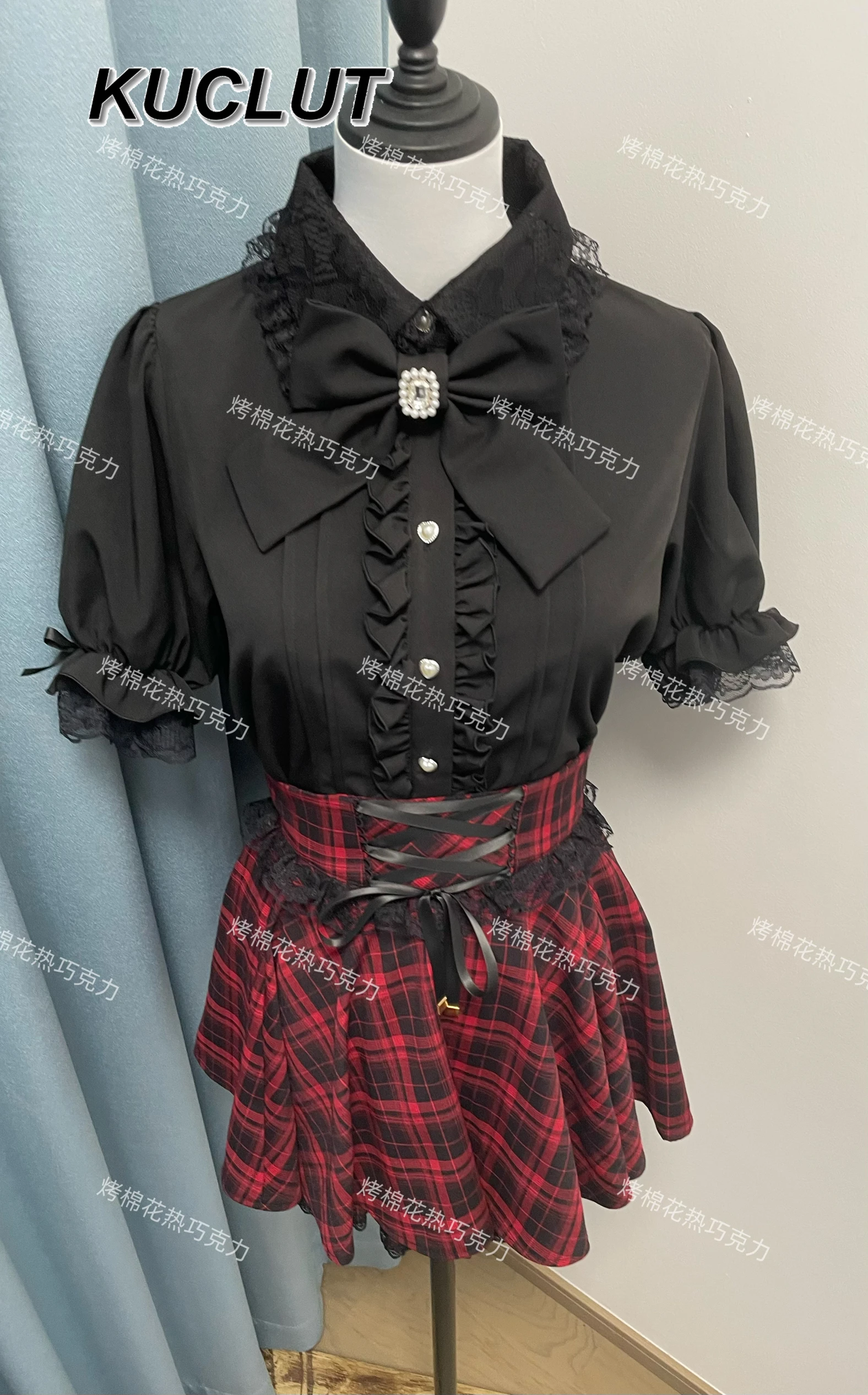 대량 생산 일본식 격자 무늬 짧은 짧은 스커트 여성용 여름 더블 레이어 스트랩 레이스 접합 하이 웨이스트 스커트