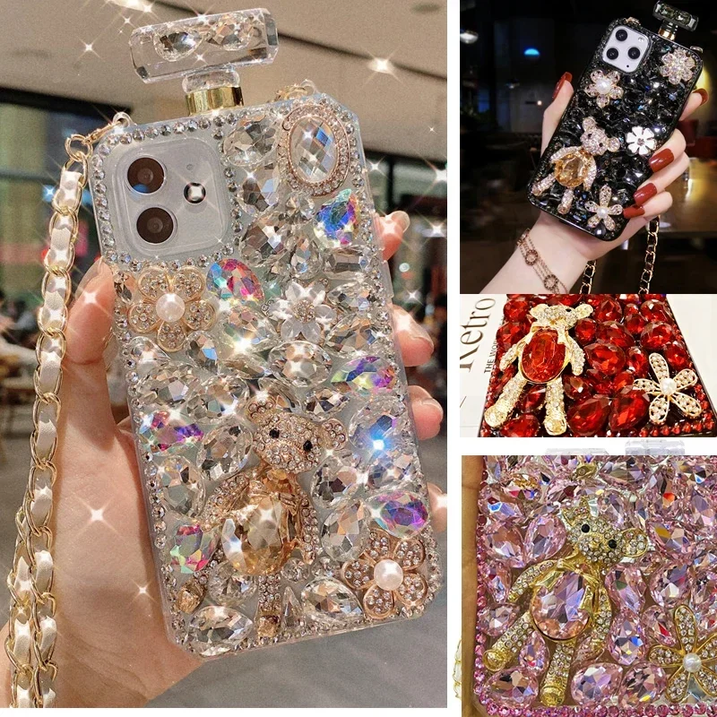 

Hot Bling 3D Bear Perfume Bottle Case For iphone 15Pro 14Plus 13 Pro 12 Mini 11Pro MAX XSMAX XR 16 PLUS Rhinestone Cover Capa