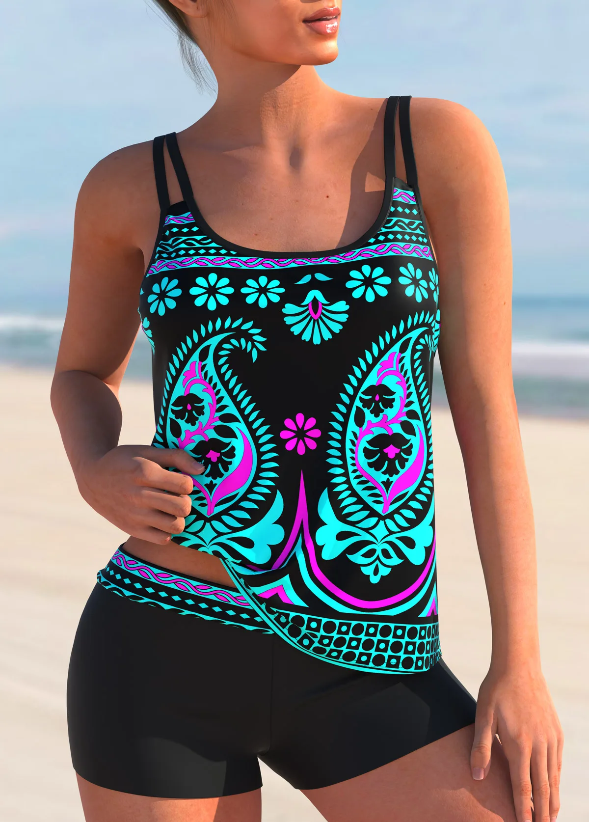 Costume da bagno da donna con stampa tropicale a due pezzi, costume da bagno per le vacanze estive, top tankini con stampa da donna, costumi da bagno estivi da spiaggia