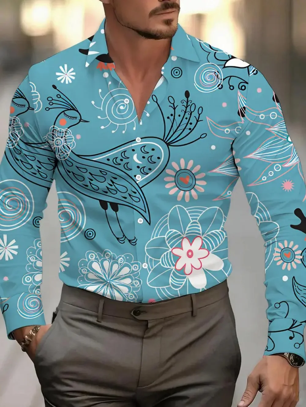Kemeja pria lengan panjang dengan motif hati, kemeja pria pesta sosial berkancing kerah modis, bahan nyaman dan lembut,