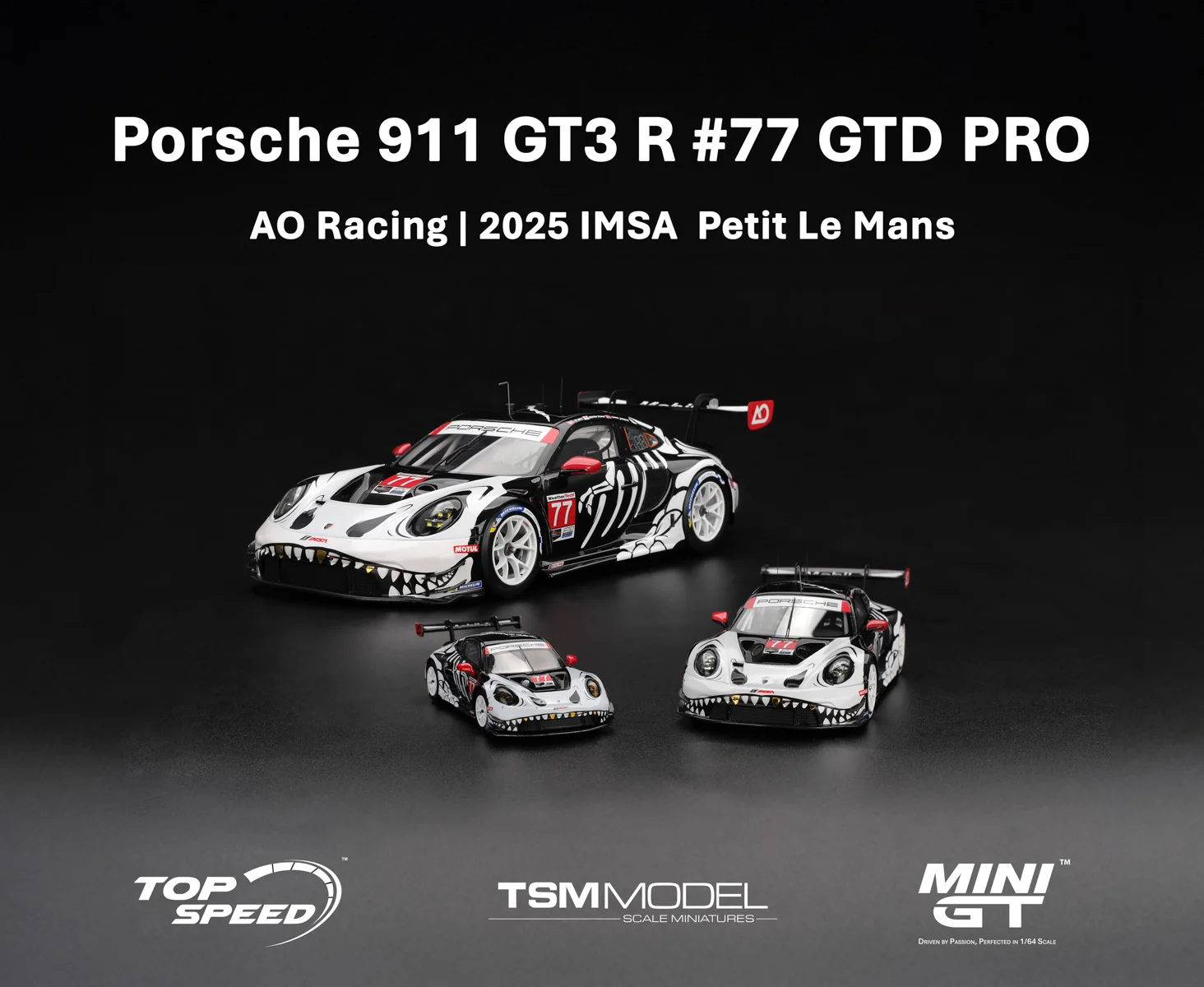 MINI GT 1/64 ปอร์เช่ 911 CT3 R # รถโมเดลโลหะผสมหล่อขึ้นรูป 77 CTD PRO AO Racing 2025 lMSA Petit Le Mans ของเล่นเด็ก