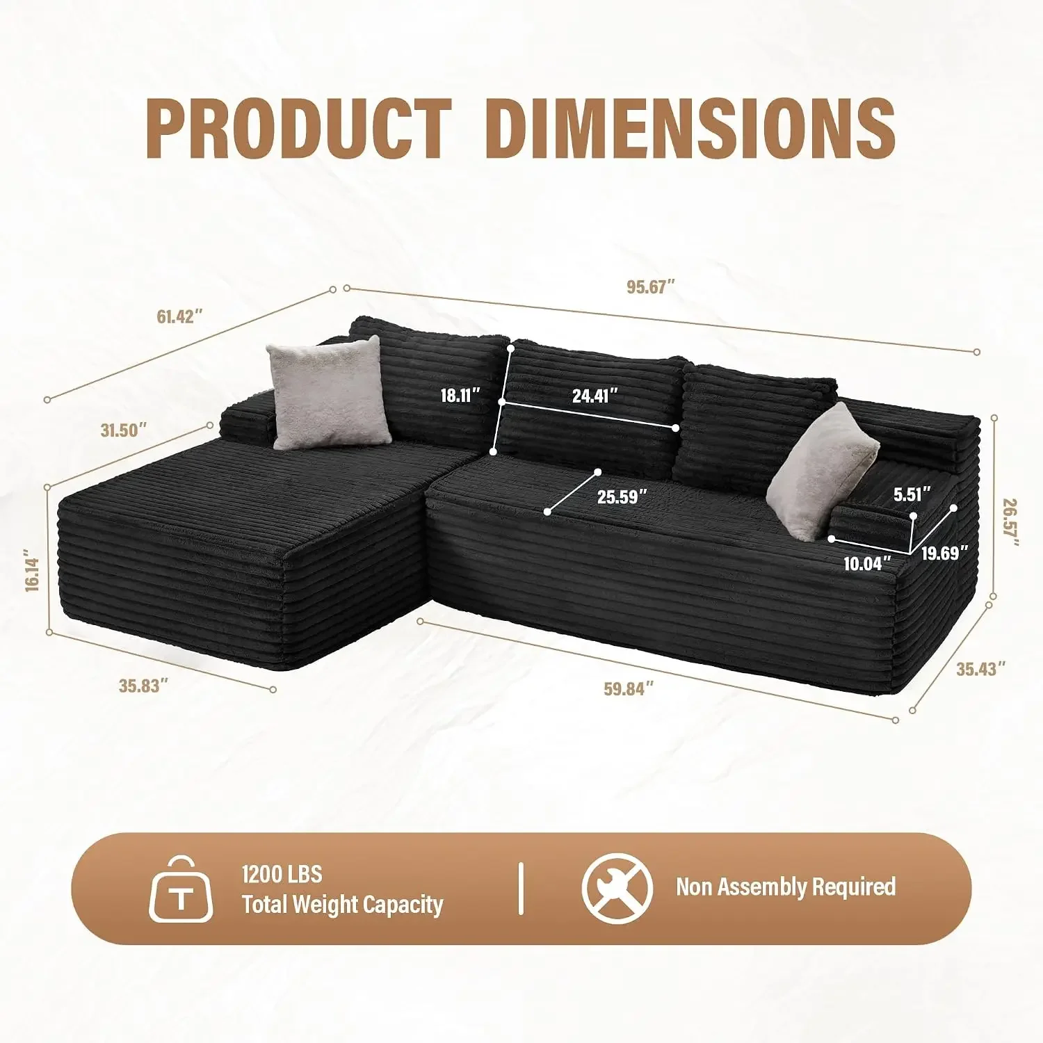 Boneless Couch Modular Sectional Sofa L-Shape Lounge Cloud Couch | Memory Foam,Washable Cover,No Assembly,Non-slip Base,Small Se