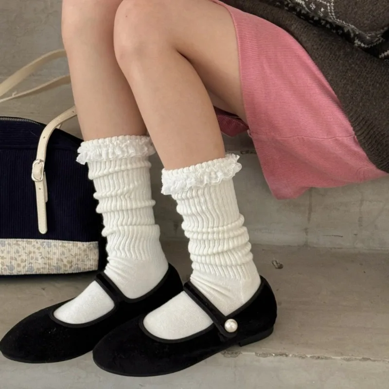 

SP&CITY Sweet Lace Striped Thickned Knitted Socks Women's Winter Warmth Boneless Stacking Socks Lace Edge Cotton High Tube Socks