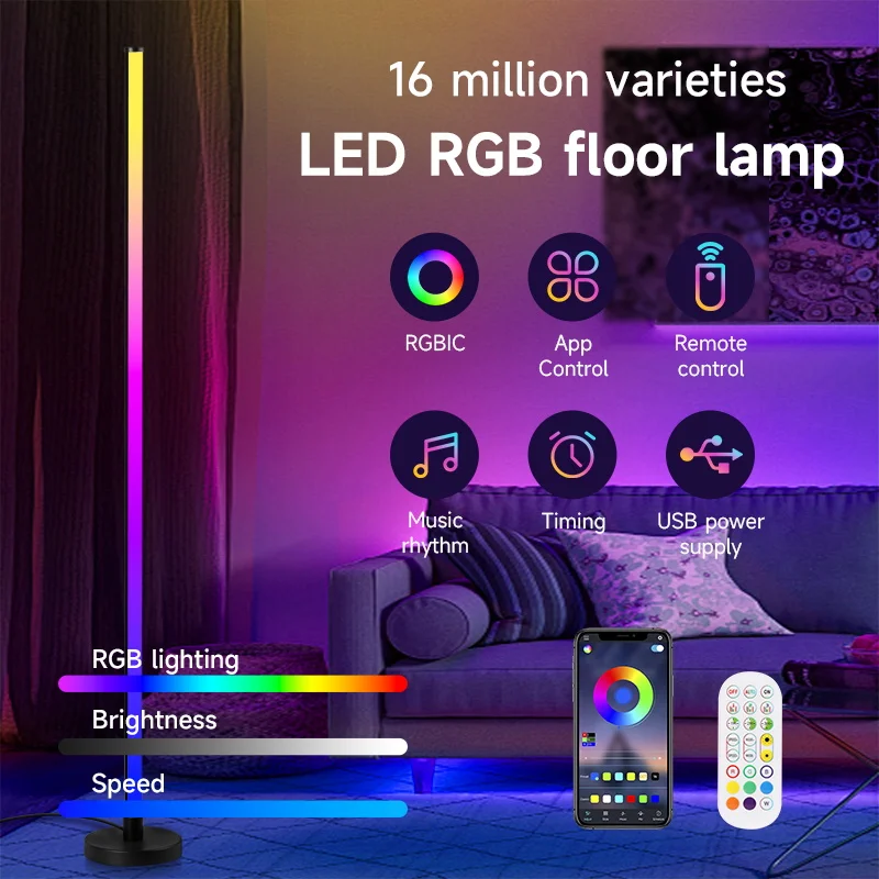 RGB LED Floor Lamp Remote APP Control Music Corner Lighting for Living Room Smart Modern USB Dimmable Floor Lights Decoration