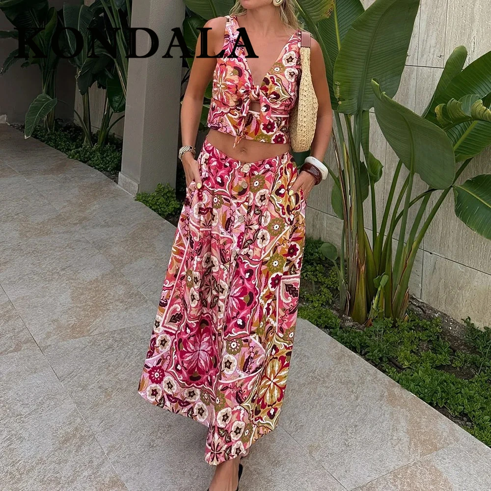 

KONDALA 2025 Print Casual Holiday Woman Suit Hollow Out Backless Vest+Vintage Long Skirt Holiday Summer Streetwear Mujer Set