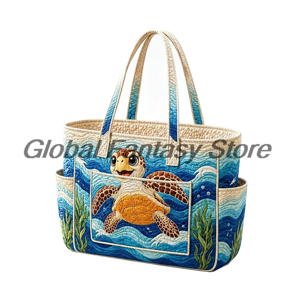 Sea Turtle Seashell Floral Ocean Print Quilted Tote Bag Multiple Pockets Shoulder Handbag Women Daily Shopping Bags