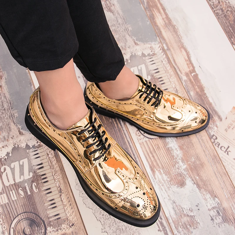 

Casual Leather Shoes Men outdoor superstar Brogue formal leather shoes oxford shoe lace-up hombres gold silver club party shoes