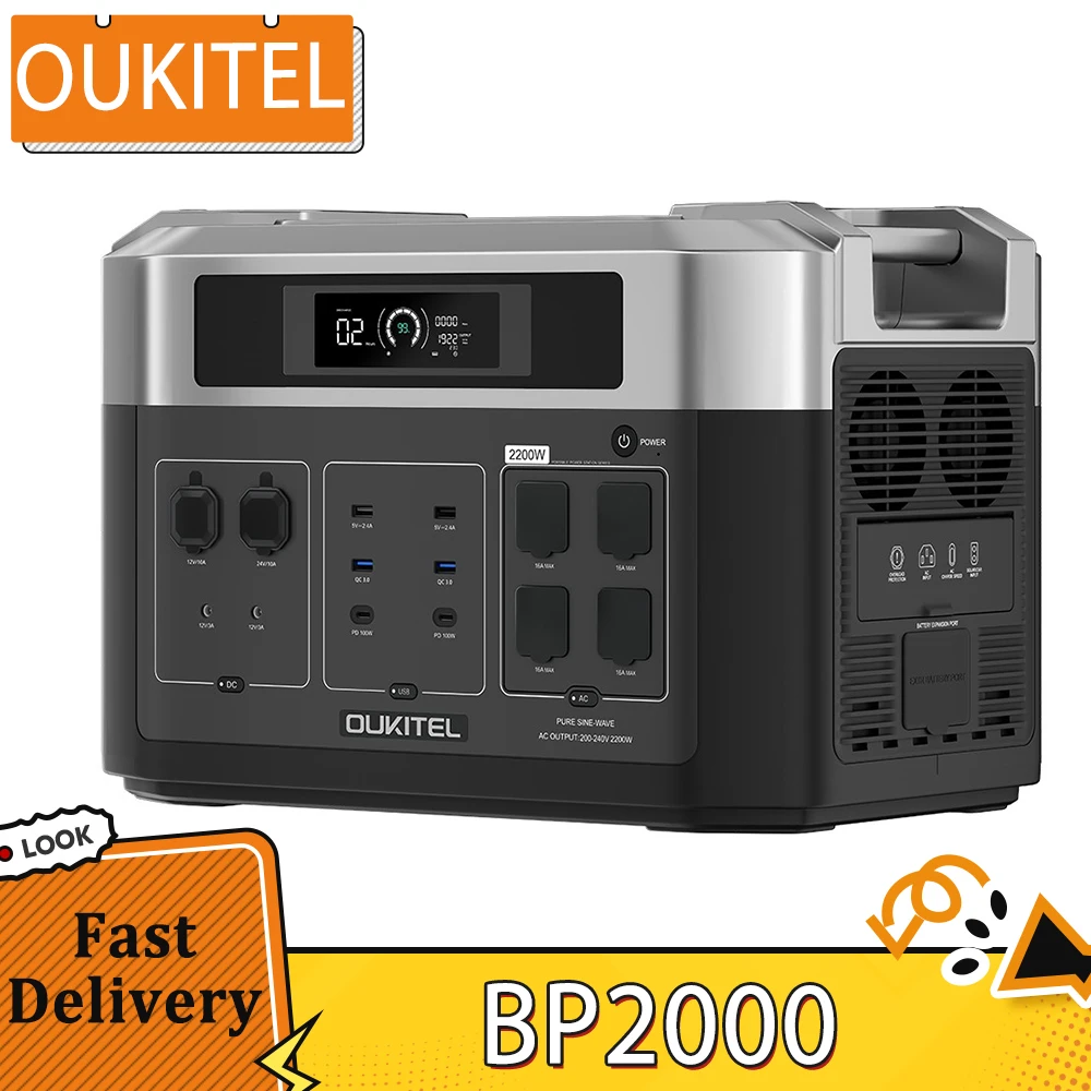 OUKITEL BP2000 Portable Power Station, 2048Wh/640000mAh LiFePO4 Battery Solar Generator, 2200W AC Output, 2000W UPS, 1800W AC