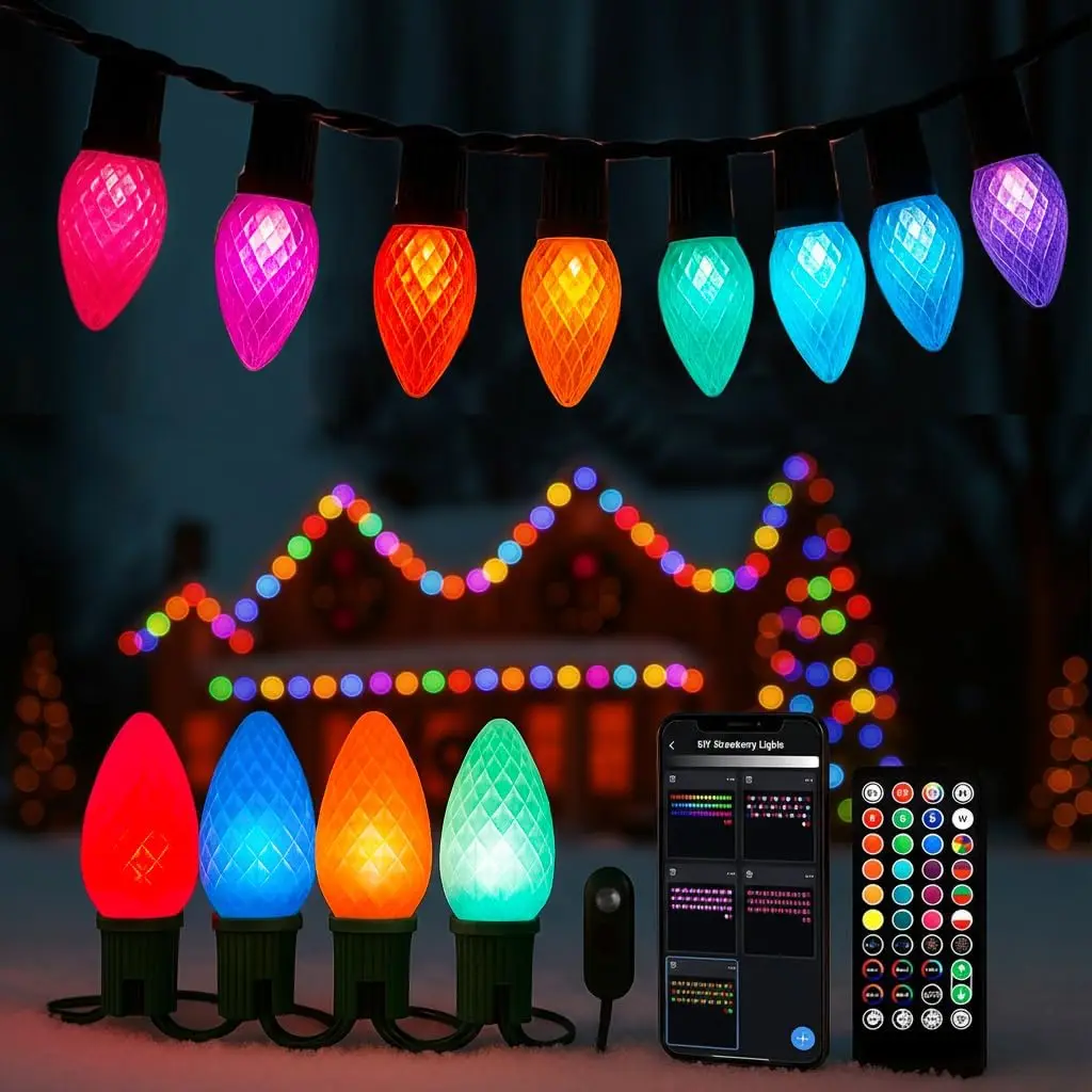 150 LED Smart RGB C9 Christmas String Lights, 118 ft Extendable Outdoor Color-Changing Lights with Bluetooth App & Decor