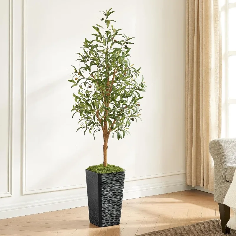 Olive Trees Artificial Indoor, Tall Faux Olive Tree with Black Tall Taper Planter, Artificial Plants