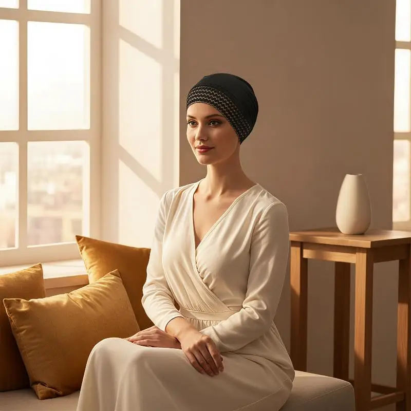 Damen-Hijab mit Spitze vorne, elastisch, weich, atmungsaktiv, Haarabdeckung, täglicher Chemo-Kopftuch – Detail 3