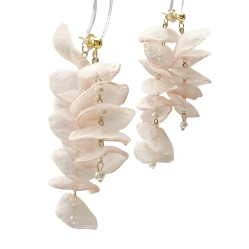 

Super fairy temperament pink chiffon flower pearl earrings French romantic niche design resort style