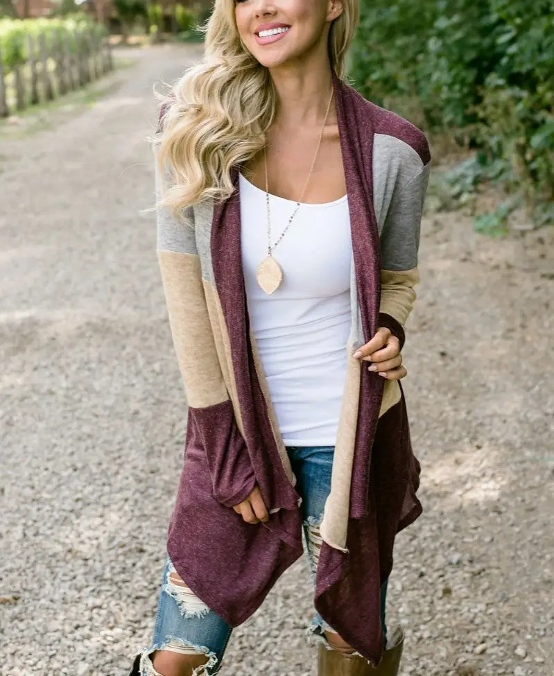 

Women's Loose Fit Color Block Cotton Patchwork Cape Casual Cardigan Irregular Top Open Front Long Sleeve Knitwear