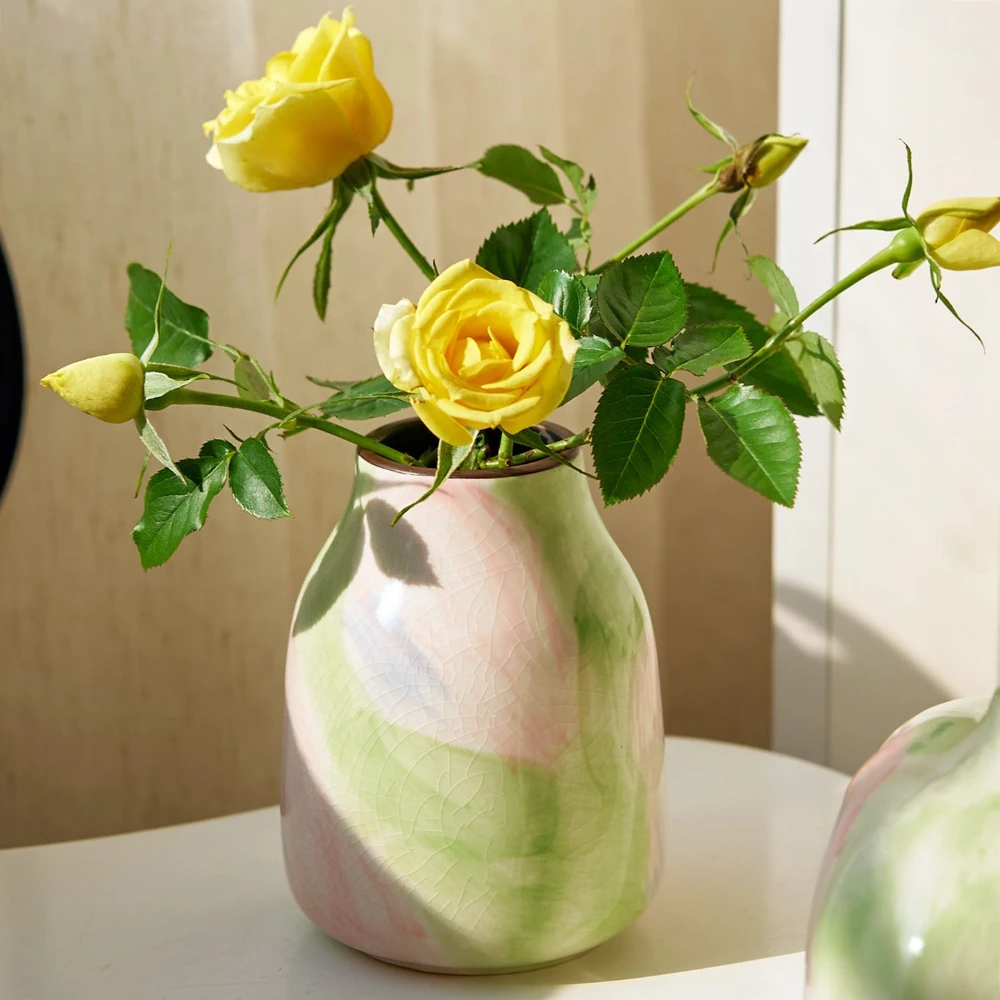 Ceramic Hydroponic Rose Vase Retro Green Ceramic Flower Arrangement for Home Decor Living Room Porch Ornament Housewarming Gift